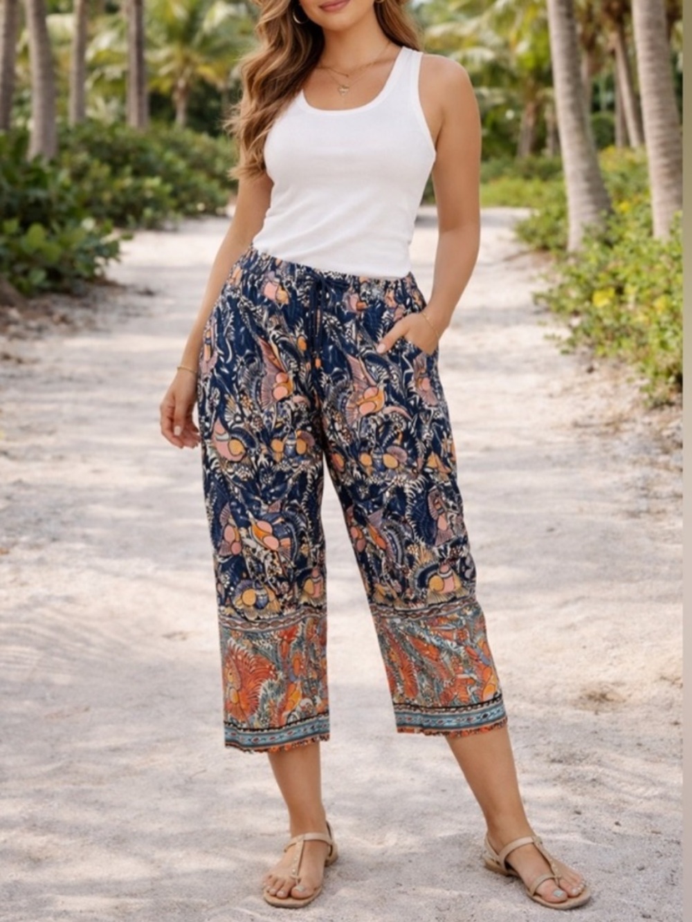 Anthropologie Mermaid Bird & Floral Boho Blue Cropped Linen Pants Size Medium